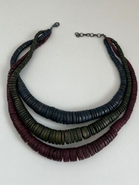 Chunky Multi Strand Coin Shape Wood Bead Necklace